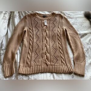NWT Talbots Tan Brown Cotton Chunky Fisherman Cable Knit Crewneck Sweater Medium
